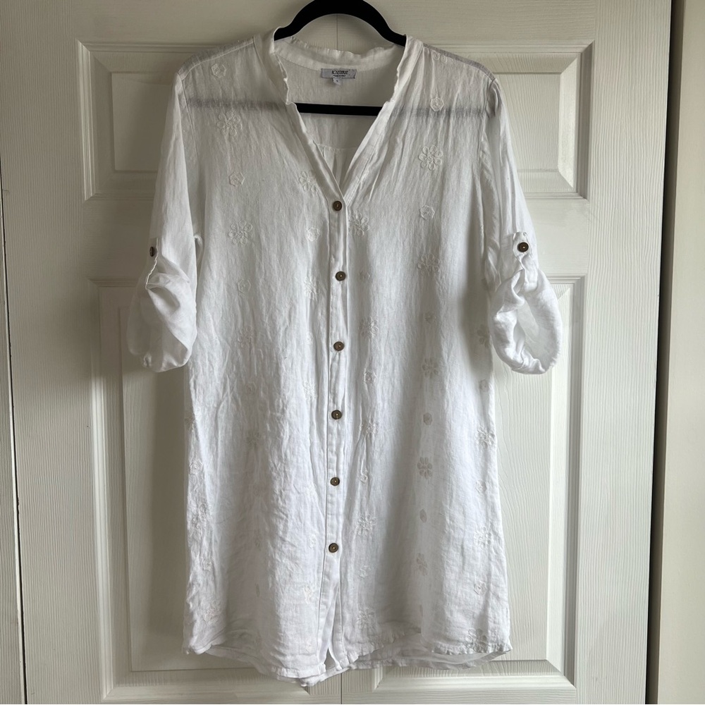 ROSEMARINE White Linen Button‎ Shirt Tunic Blouse Lagenlook Embroidery Preppy S